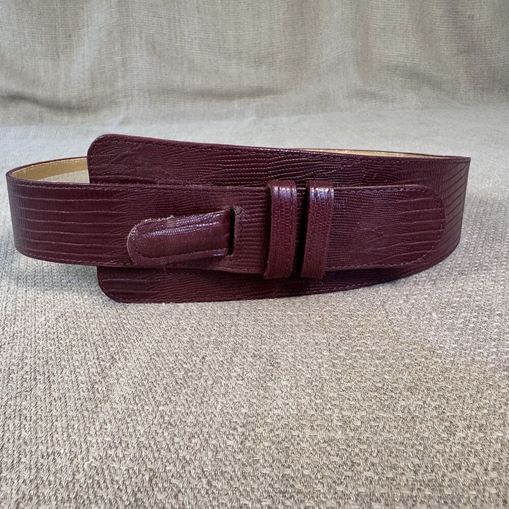 Vintage 80s Ginnie Johansen Wide Leather Croc Belt Burgundy Statement Sz Sm 526